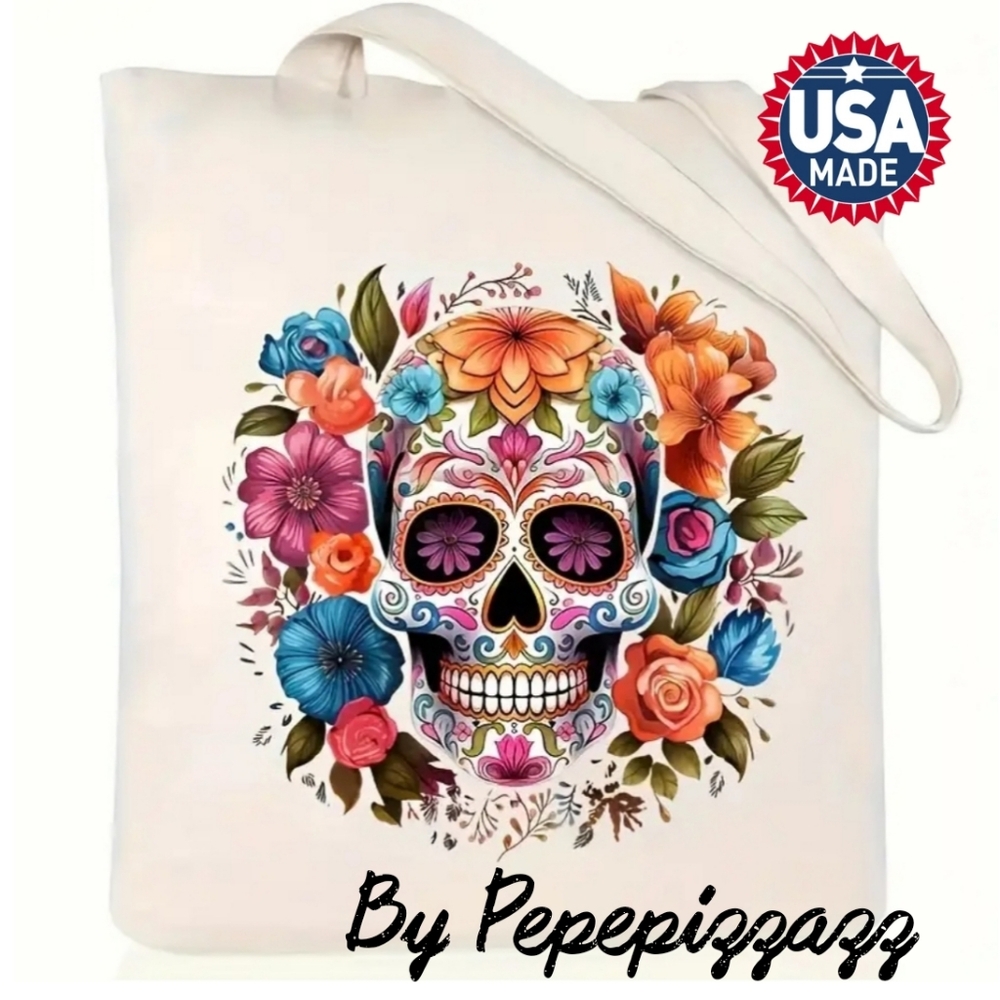 NWT HANDMADE IN USA Colorful Skull. graphic canvas tote